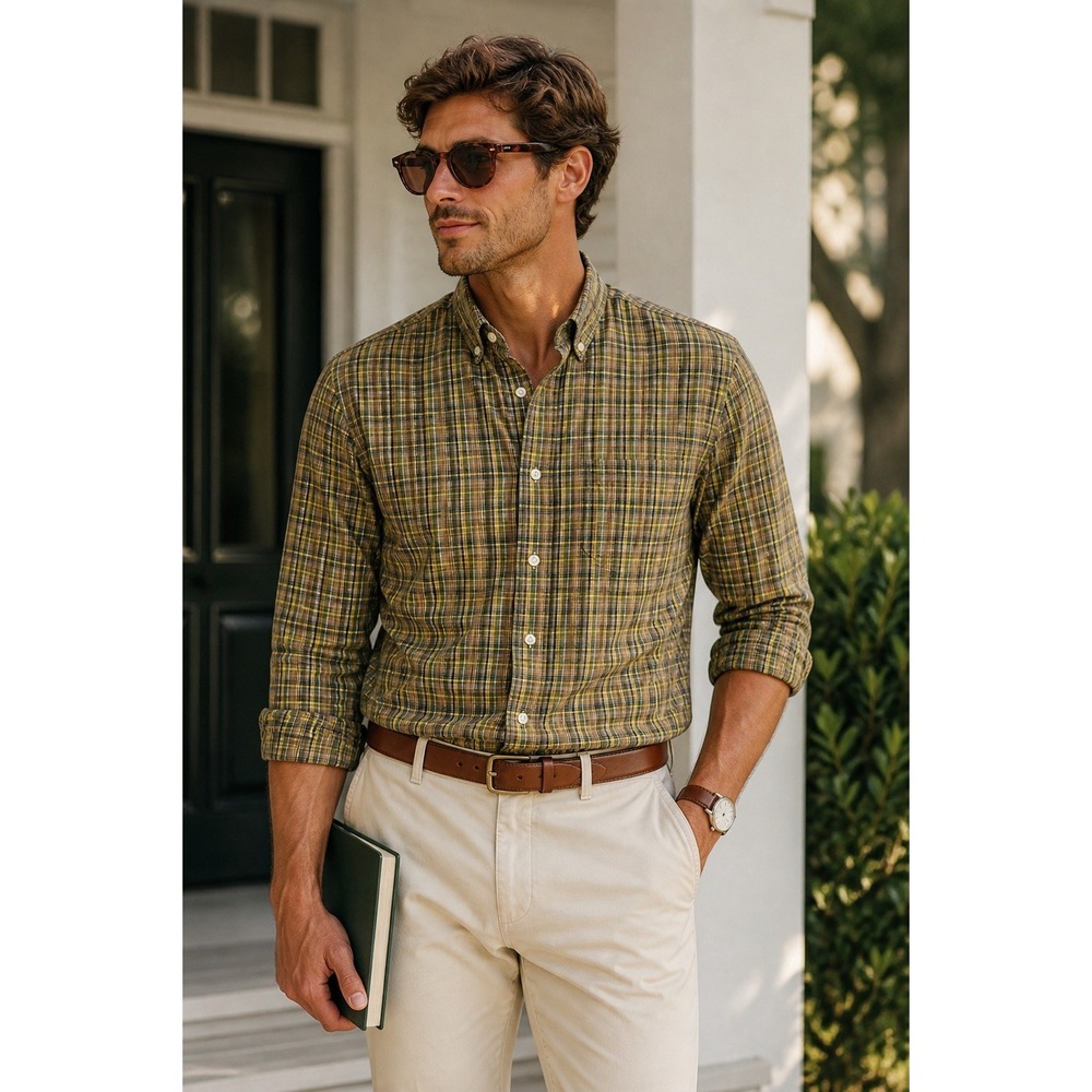 Gitman Vintage x Division Road Olive & Yellow Archive Indian Madras Shirt 16 M
